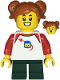 Minifig No: twn480  Name: Child - Girl, White Classic Space Shirt with Red Sleeves, Dark Green Short Legs, Dark Orange Pigtails