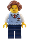 Minifig No: twn484  Name: Natural History Museum Employee - Female, Bright Light Blue Sweater Vest with ID Badge, Dark Blue Legs, Reddish Brown Hair