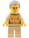 Minifig No: twn491  Name: Natural History Museum Visitor - Female, Tan Knit Argyle Sweater Vest, Tan Legs, Light Bluish Gray Coiled Hair, Glasses