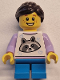 Minifig No: twn498  Name: Child - Girl, White Top with Raccoon, Dark Azure Short Legs, Dark Brown Hair Ponytail, Freckles
