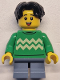 Minifig No: twn499  Name: Child - Boy, Bright Green Sweater with Bright Light Yellow Zigzag Lines, Sand Blue Short Legs, Black Hair Wavy, Freckles