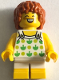 Minifig No: twn502  Name: Child - Girl, White Halter Top with Green Apples and Lime Spots, White Short Legs with Yellow Feet, Dark Orange Hair