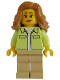 Minifig No: twn506  Name: Modern House Resident - Female, Yellowish Green Jacket over White Shirt, Tan Legs, Medium Nougat Hair Wavy