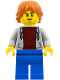 Minifig No: twn531  Name: Gamer - Male, Light Bluish Gray Hoodie, Blue Legs, Dark Orange Hair