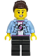Minifig No: twn532  Name: Shopping Street Mum - Bright Light Blue Denim Jacket, Black Legs, Dark Brown Hair