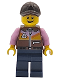 Minifig No: twn557  Name: Airplane Passenger - Male, Reddish Brown Jacket, Dark Blue Legs, Dark Brown Cap