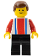 Minifig No: ver003  Name: Vertical Lines Red & Blue - Red Arms - Black Legs, Brown Male Hair