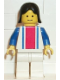 Minifig No: ver008  Name: Vertical Lines Red & Blue - Blue Arms - White Legs, Black Female Hair