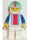 Minifig No: ver012  Name: Vertical Lines Red & Blue - Blue Arms - White Legs, White Red/Green Striped Helmet, Trans-Light Blue Visor