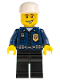 Minifig No: wc026  Name: Police - World City Patrolman, Dark Blue Shirt with Badge and Radio, Black Legs, White Cap