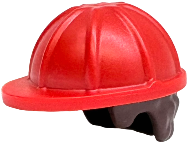 Plain red construction helmet with dark brown short curly hair molded underneath.