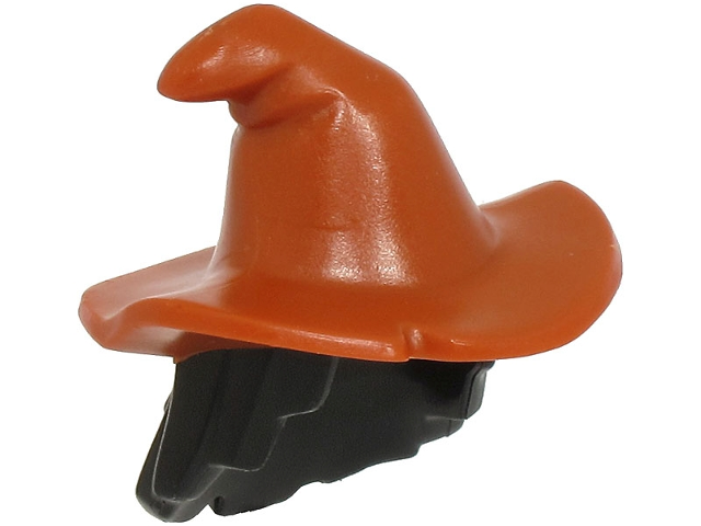 Plain mid-length scraggly hair topped with a dark orange floppy witch hat.