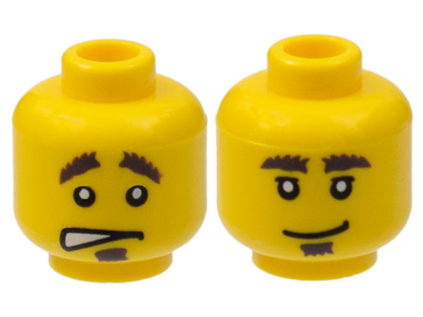 Lego Minifigure, Head Dual Sided Bushy Eyebrows and Goatee / Worried Pattern - Blocked Open Stud