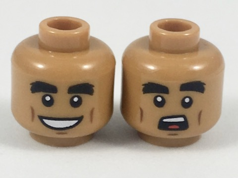 LEGO Minifigure Head Black Eyebrows Reddish Brown Cheek Lines  Wide Grin Pattern 
