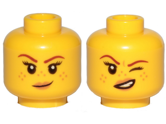 Minifigure, Head Dual Sided Female Reddish Brown Eyebrows, Nougat Freckles  and Lips, Small Smirk / Left Eye Squinted Pattern - Hollow Stud : Part  3626cpb2145