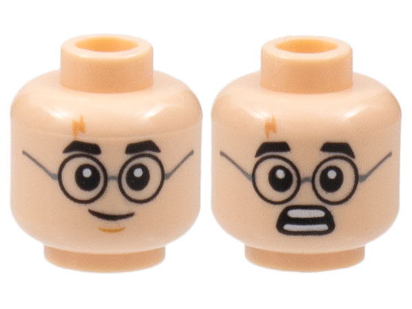 Details about   Lego New Light Flesh Minifigure Head Dual Sided Black Eyebrows Gold Glasses 