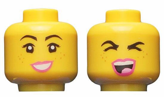 Lego Yellow Minifig Head Dual Sided Female Black brows Freckles Eyelashes Pink L 