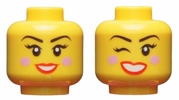 Lego Minifig Head Dual Sided Female Black brows Bright Pink Blush Red Lips Smili 