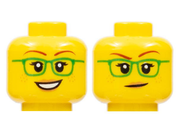 Lego New Yellow Minifigure Head Dual Sided Female Glasses Braces Open Smile 