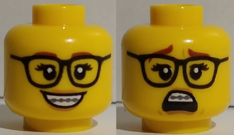Lego New Yellow Minifigure Head Dual Sided Female Glasses Braces Open Smile 