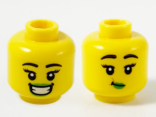 Lego New Yellow Minifigure Head Dual Sided Female Black Eyebrows Bright Green 