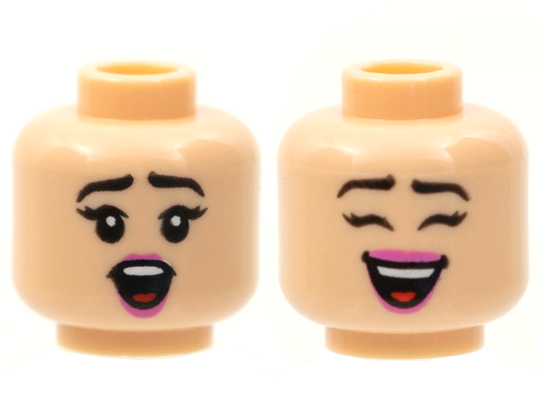 Lego Light Flesh Minifig Head x 1 Dual Sided Dark Pink Lips Smile & Worried Patt 