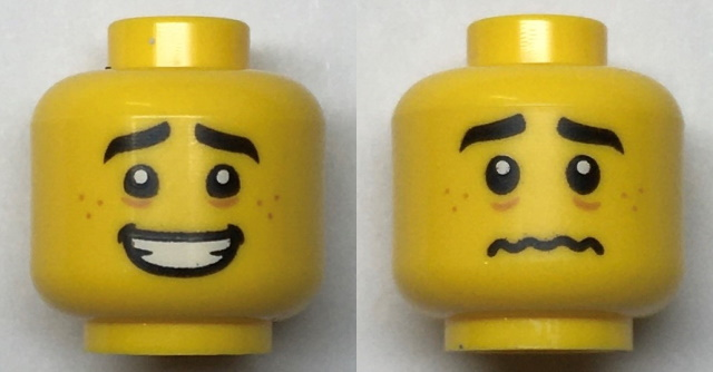Lego Yellow Minifigure Head Dual Sided Black Thick Eyebrows Worried Look 