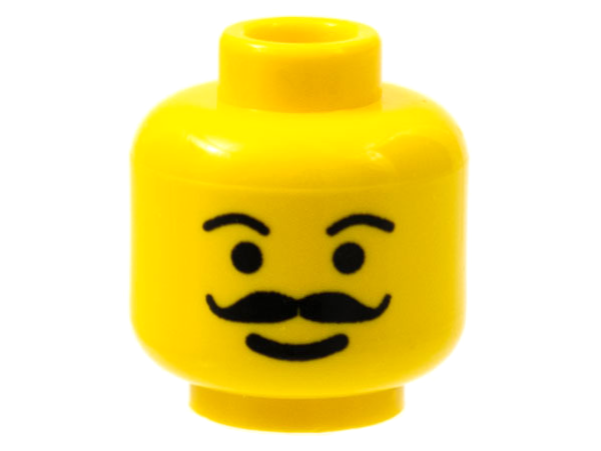 Plain head with a black handlebar moustache, two dot eyes, thin eyebrows, and a curved smile.