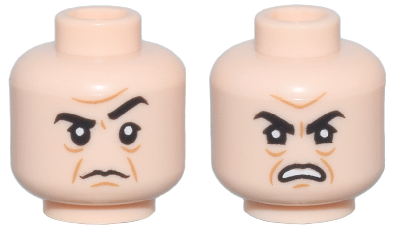 Minifigure, Head Dual Sided Black Eyebrows, Medium Nougat Furrowed Brow, Chin Dimple, and Jowl Lines, Frown with Raised Eyebrow / Angry Open Mouth Scowl with Teeth Pattern : Part 3626pb2236 | BrickLink Minifigure, Head Dual Sided Black Eyebrows, Medium Nougat Furrowed Brow, Chin Dimple, and Jowl Lines, Frown with Raised Eyebrow / Angry Open Mouth Scowl with Teeth Pattern : Part 3626pb2236 | BrickLink