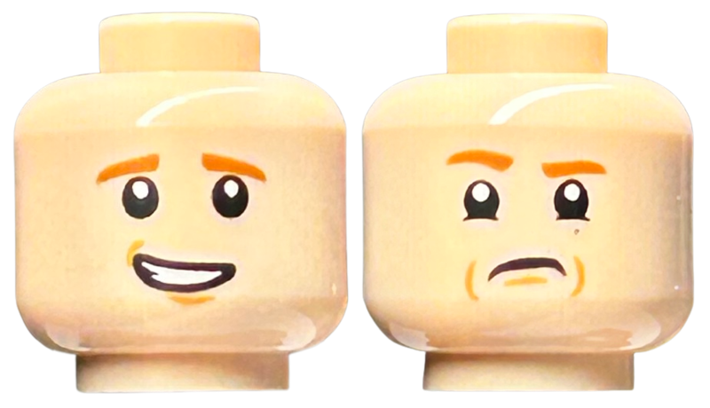 笑顔 Minifigure, Head Dual Sided Dark Orange Eyebrows, Medium Nougat