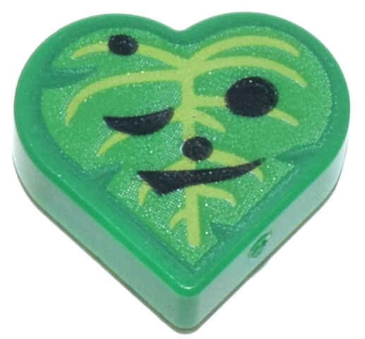 Tile, Round 1 x 1 Heart with Bright Green and Lime Leaf with Black