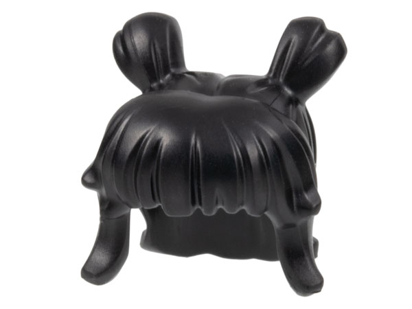 Plain hair with two space buns on top and thick bangs.