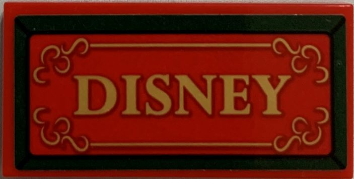 Tile 2 x 4 with Gold DISNEY with Dark Green Border on Red