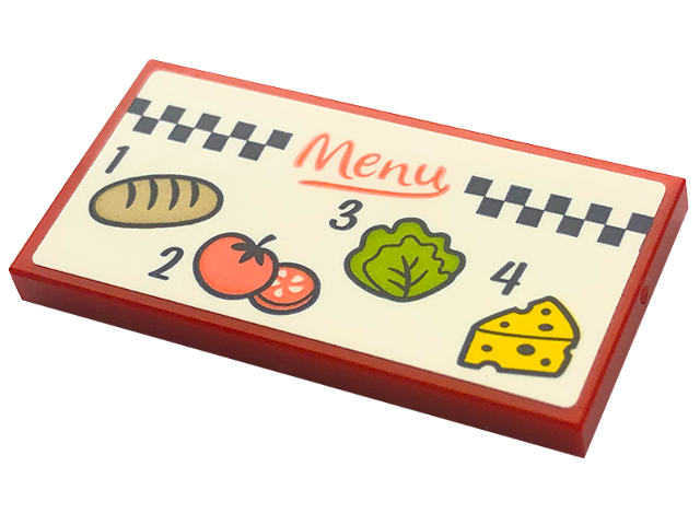 Tile 2 x 4 with Coral 'Menu', Black Number 1, 2, 3, 4, Bread