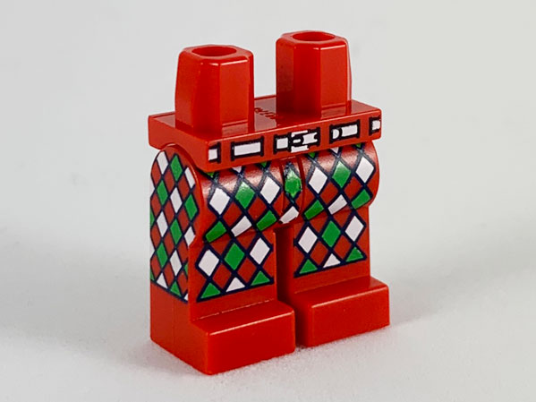 Lego Red Hips Legs with White Belt and White and Green Diamonds Pattern