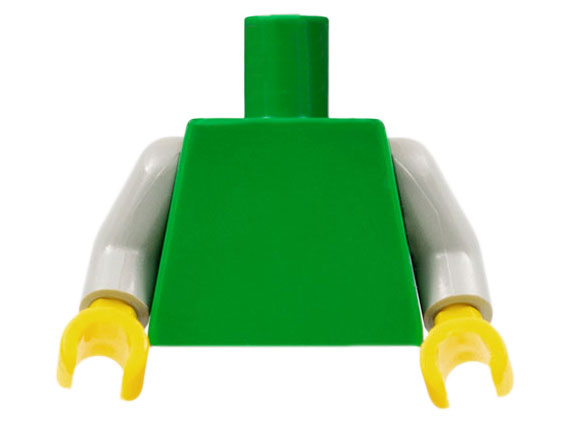 Plain green torso with light gray arms and yellow hands.