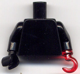 Plain black torso with black arms. The right hand is black and the left hand is a translucent red hook.