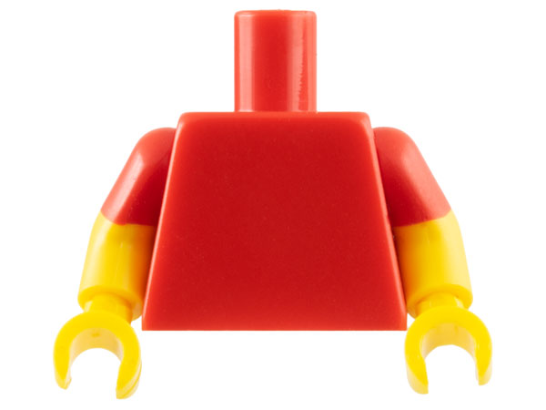 Red plain torso with yellow arms that have molded red short sleeves and yellow hands.