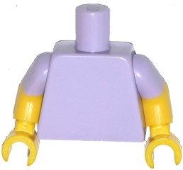 Lavender plain torso with yellow arms that have lavender short sleeves and yellow hands.