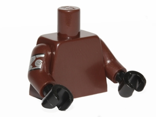 Dark brown torso with dark brown arms and black hands. The right arm features a silver band with swirl patterns.