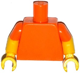 Orange torso with yellow arms and yellow hands. The arms have molded orange short sleeves at the top.
