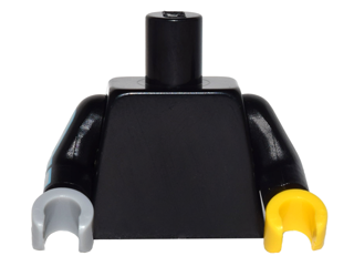 Black torso with black arms. The left hand is yellow and the right hand is light bluish gray. The right arm has a silver mechanical print.