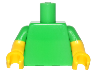 Bright green plain torso with yellow arms that have bright green short sleeves and yellow hands.