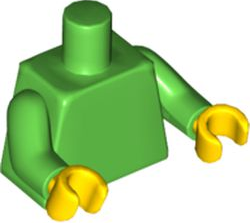 Plain bright green torso with bright green arms and yellow hands.