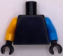 Black plain torso with a medium azure left arm, a bright light orange right arm, and black hands.