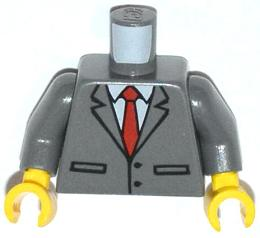 Lego Dark Bluish Gray Torso Suit Jacket Buttoned Red Tie Lapel Mic Pattern