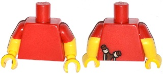 Red torso with a slingshot printed on the back, yellow arms with red short sleeves, and yellow hands.