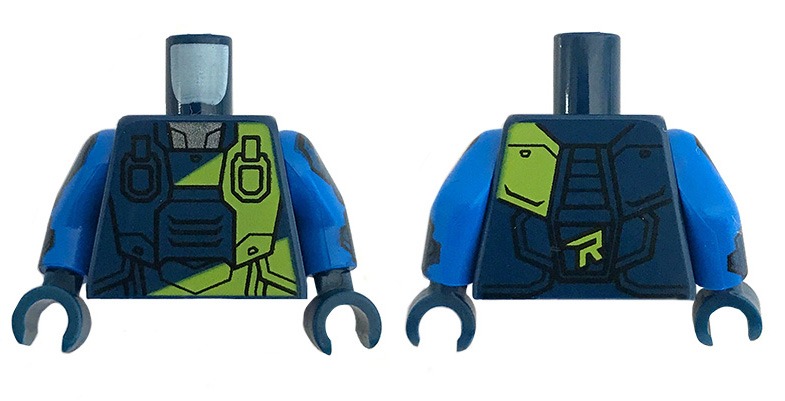 Torso Spacesuit with Lime 'R' and Stripe over Reflective Shirt Pattern /  Blue Arms with Dark Blue Pads / Dark Blue Hands : Part 973pb3430c01