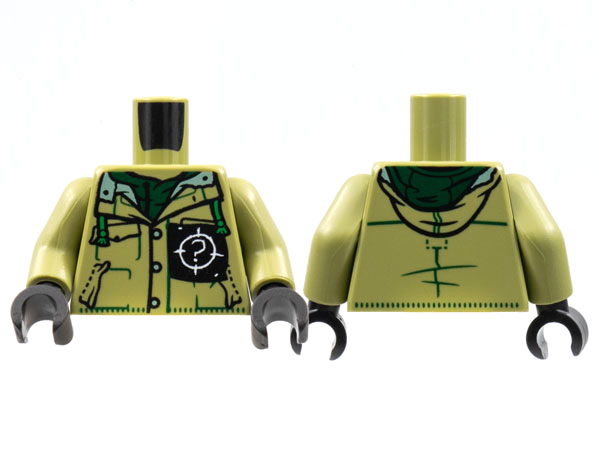 Torso Button Up Shirt with Hood, Open Collar, Dark Green Trim, White '?' on  Black Pocket Patch Pattern / Olive Green Arms / Black Hands : Part  973pb4490c01 | BrickLink