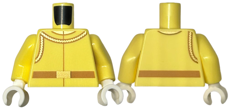 Plain torso with a jacket and belt print, bright light yellow arms, and white hands.